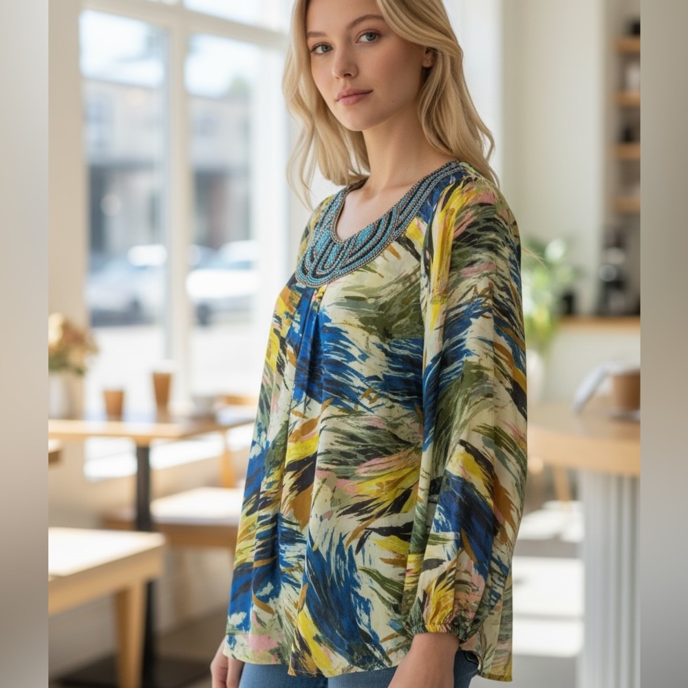 Umgee | Beaded Tunic Top - Abstract Print - Resort Wear -Vacation - Colorful NWT